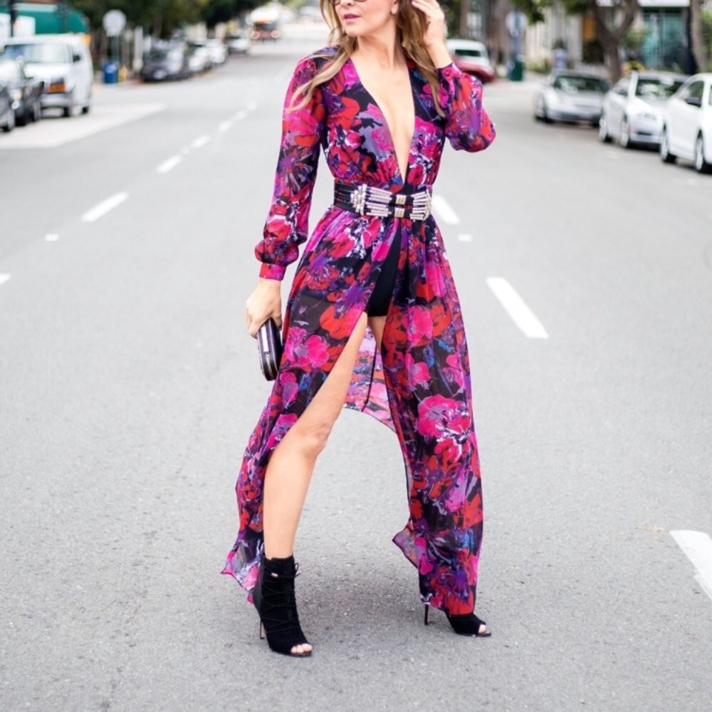 bebe Floral Maxi Dress in Fuchsia, Purple and Black